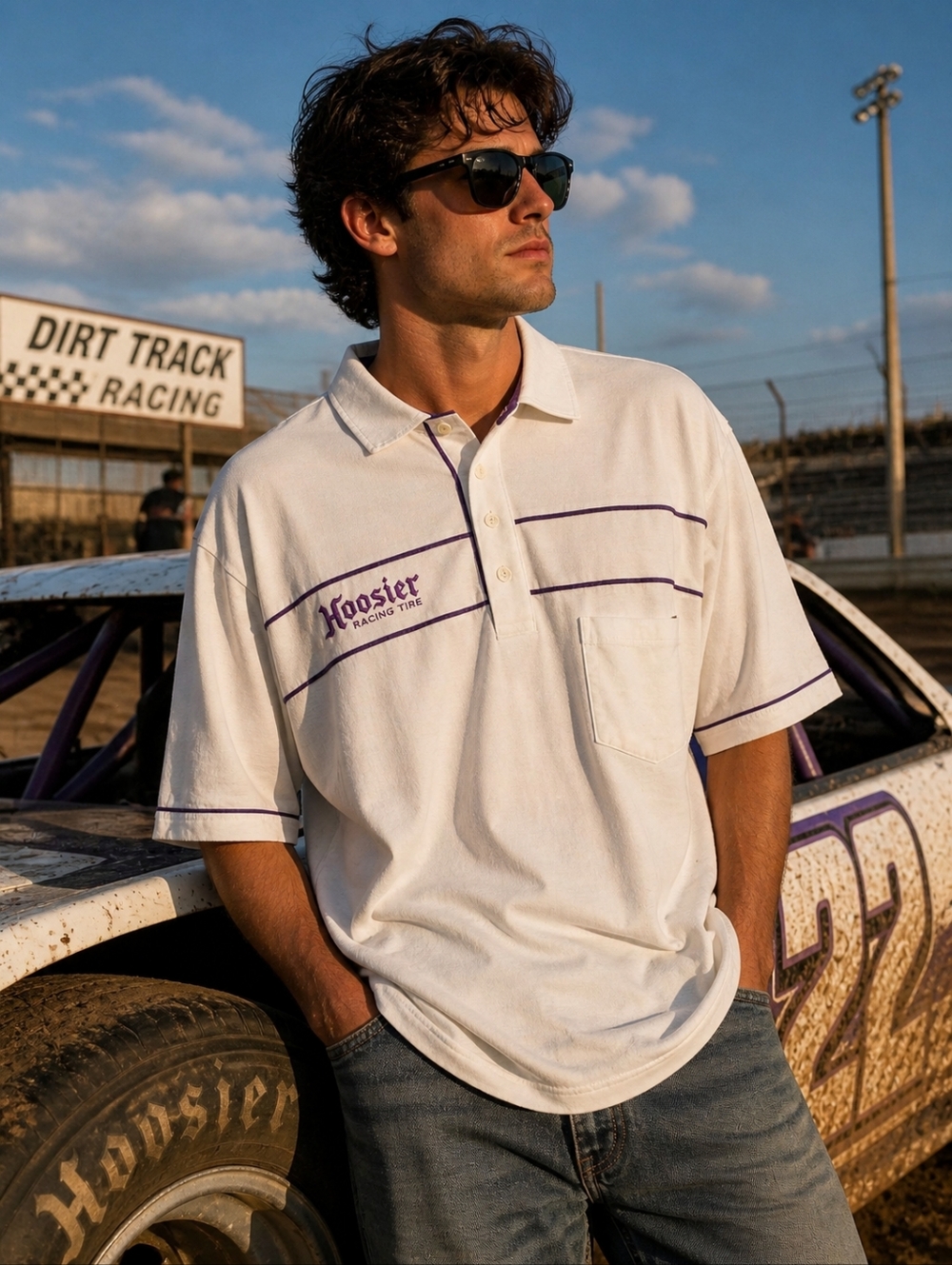 HOOSIER Racing Polo Mens XL White Purple Dirt Track Racing Vintage 80s 90s